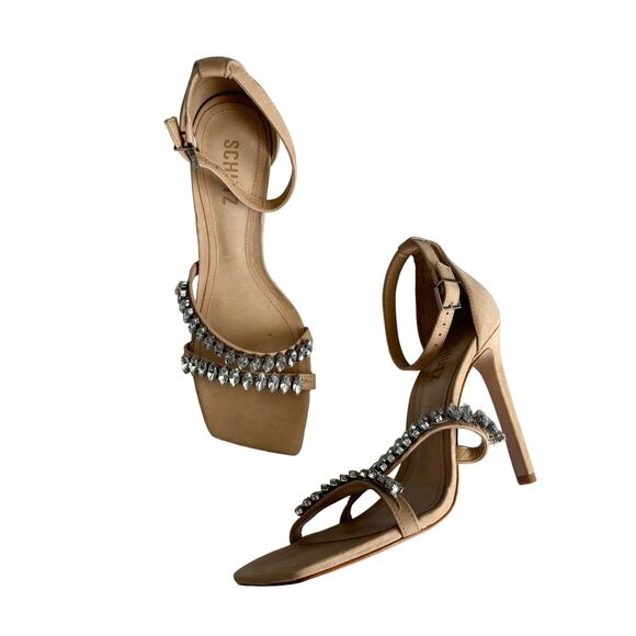 Schutz Women’s Linsey Beige Nubuck Embellished Strap Stiletto Heel Sandal Size 9 - Picture 1 of 6